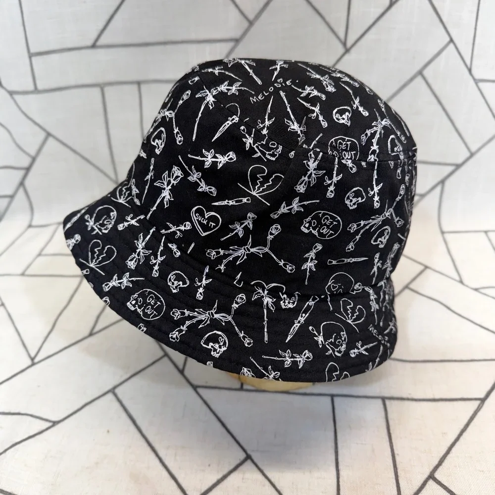 Melodie Perrault Bucket Hat OS Black‎ White Doodle Skull Rose Punk Streetwear